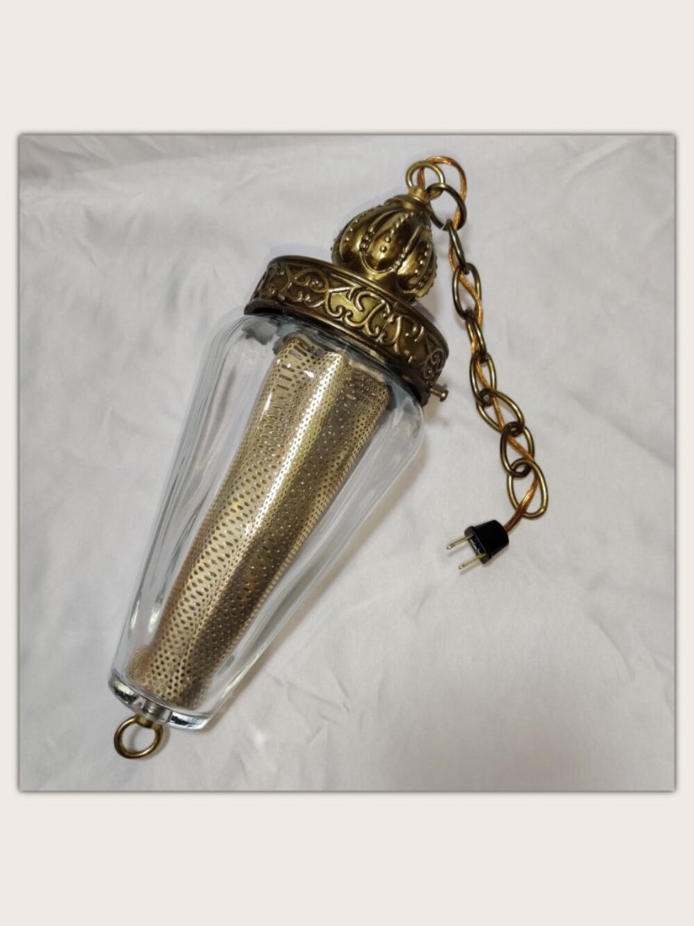 Vintage MCM Swag Lamp w/ Light Diffuser Clear Glass & Brass Tone Metal - Plug-In - Picture 4 of 12